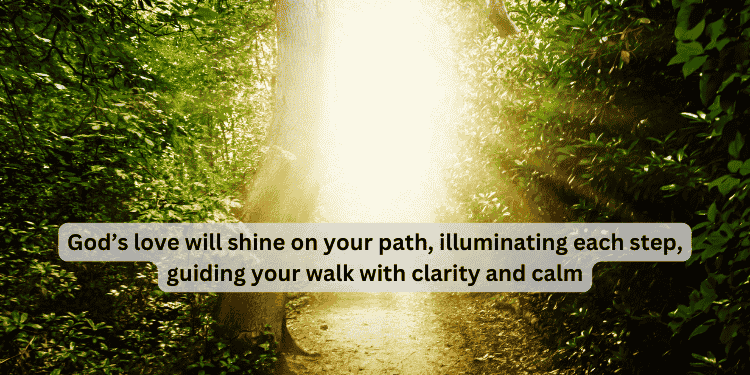 Light on forest path with Monday blessing about God’s guidance