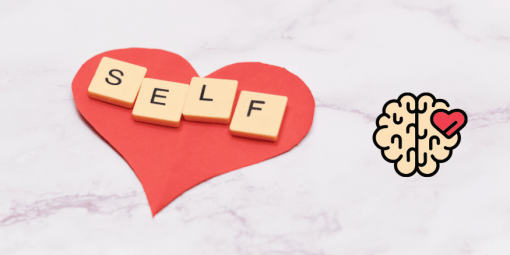 Heart with “SELF” tiles and brain-heart icon for self-love.