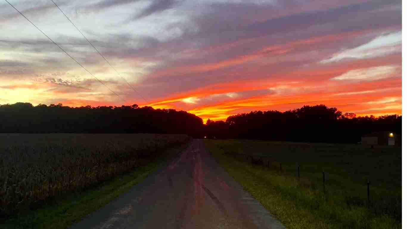 Rural road under vibrant orange and purple sunset sky.