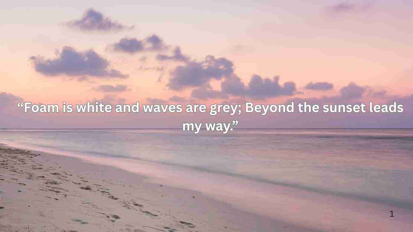Soft pastel beach sunset with waves and inspirational quote.