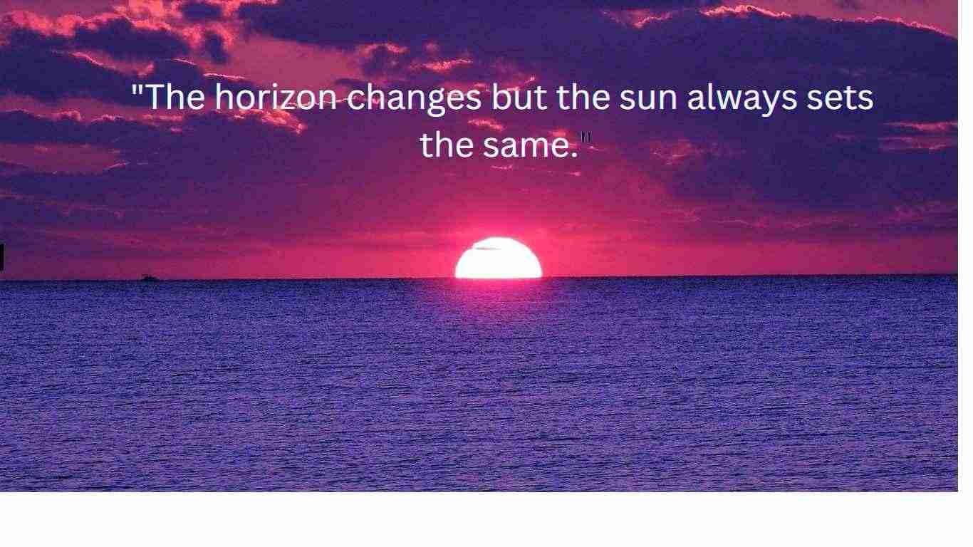 Pink sunset over ocean with quote about the horizon.

