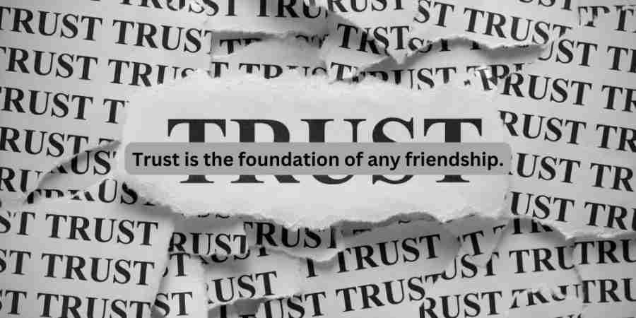 Word TRUST torn through black text background with quote