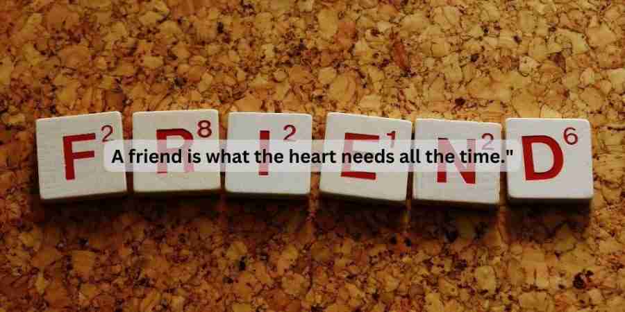 Scrabble tiles spelling FRIEND on cork background with quote: