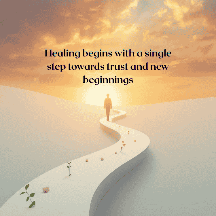 Person walking toward sunrise, symbolizing healing