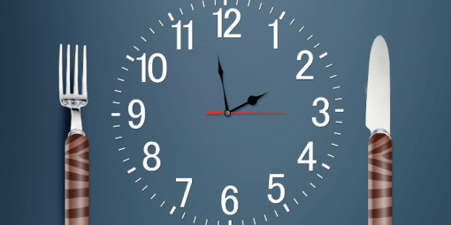 a clock with numbers on it and fork and knife showing mealtime
