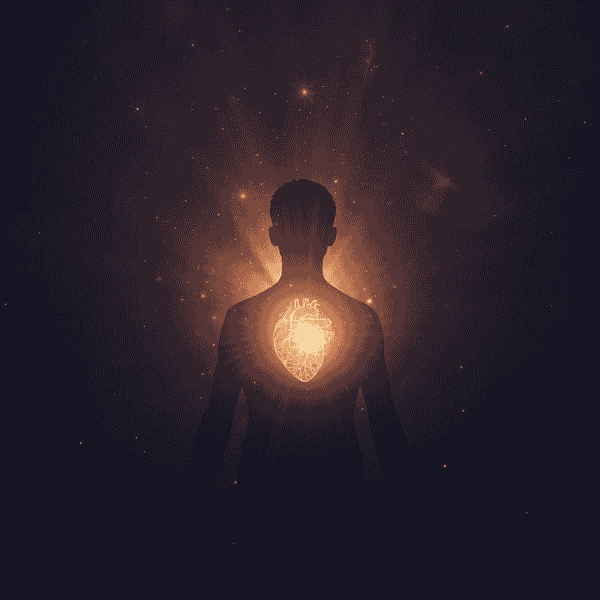 Human silhouette with glowing heart and cosmic energy representing spiritual awakening and self-discovery