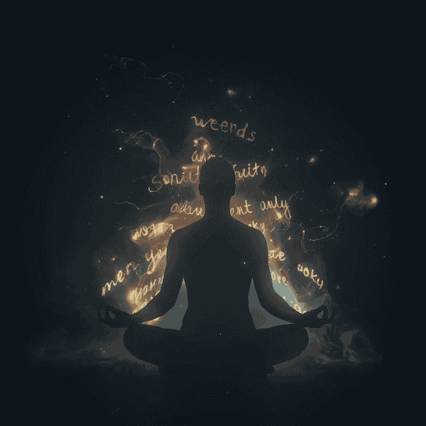 human silhouette sitting in meditation with glowing words