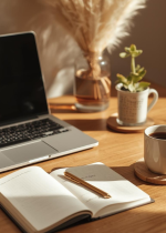 Minimalist workspace with laptop, notebook, and tea, reflecting mindfulness and focus.
